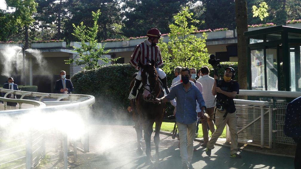 Polirico is cooled by the Auteuil misting machines after winning the Grade 2 Prix La Barka under Gaetan Masure