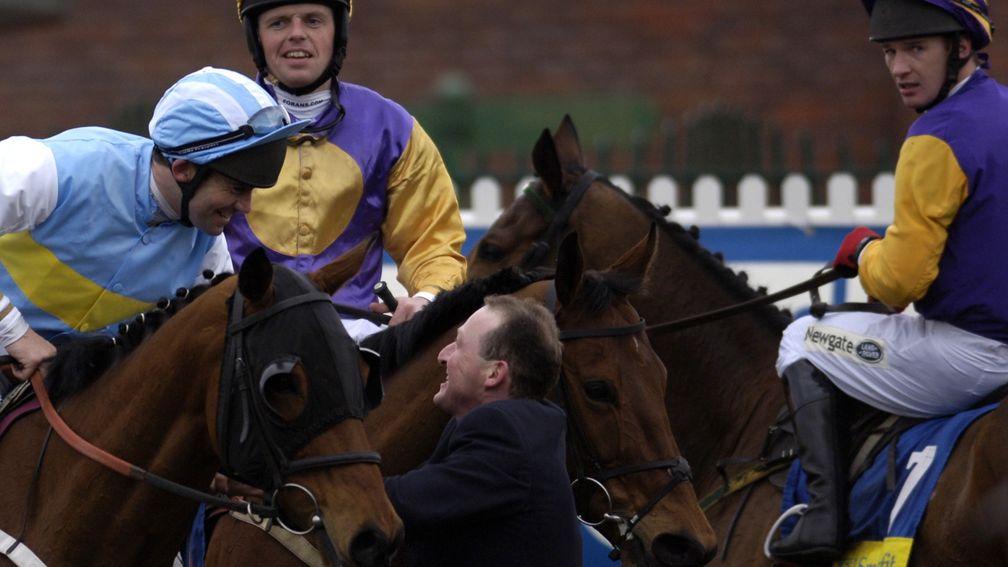 Hardy Eustace (left), Brave Inca (centre) and Harchibald (Paul Carberry) after the 2005 Champion Hurdle