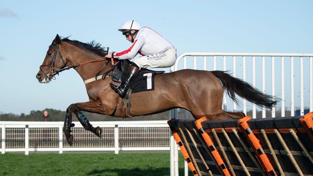 The next Sea Pigeon?: Goshen (Jamie Moore) scores at Ascot on his way to the Cheltenham Festival