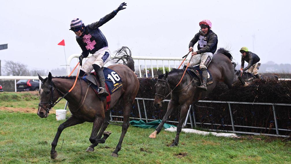 Getting through it - Little Miller & Rob James take advantage of the last fence fall of Ocean Brew & Harry Swan to win the 5yo Mares' Maiden at Ballycrystal on Sunday
