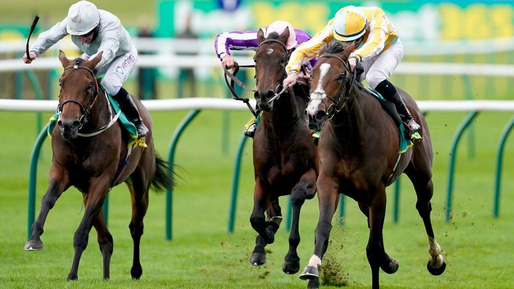 Shane Crosse riding Pretty Gorgeous (yellow) wins the bet365 Fillies' Mile at Newmarket