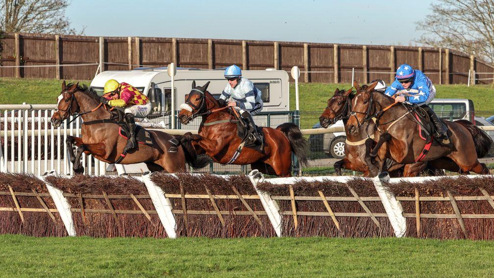 Dixon Cove (far side) en route to winning the Listed fillies' juvenile hurdle