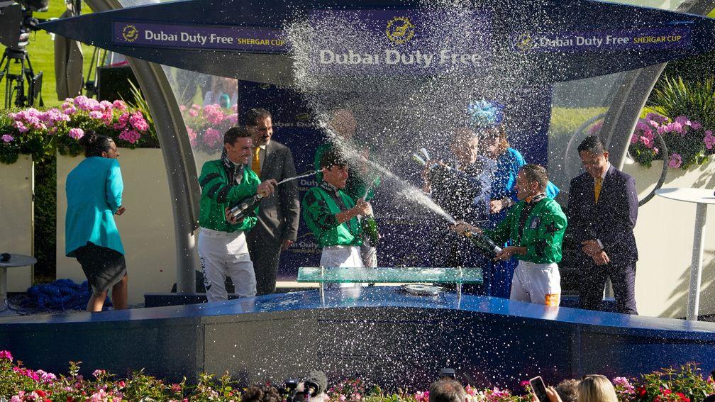 ASCOT, ENGLAND - AUGUST 06: Team GB&Ireland celebrate winning The Shergar Cup during The Shergar Cup at Ascot Racecourse on August 06, 2022 in Ascot, England. (Photo by Alan Crowhurst/Getty Images)