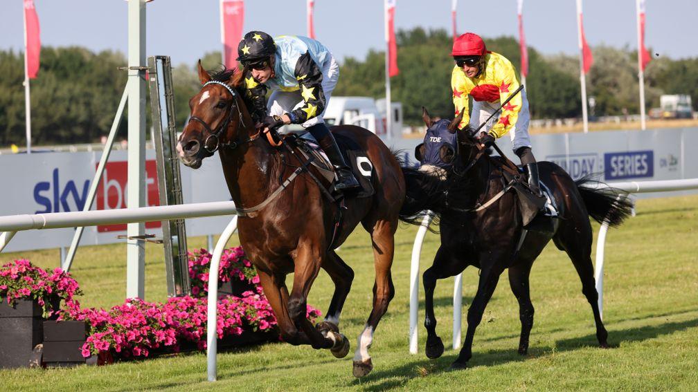 Lion Tower and Sam James win at  Musselburgh 25/7/21Photograph by Grossick Racing Photography 0771 046 1723