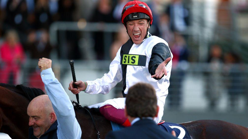 ASCOT, ENGLAND - OCTOBER 20: Frankie Dettori celebrates after he rides clear on Cracksman to win The QIPCO Champion Stakes during QIPCO British Champions Day at Ascot Racecourse on October 20, 2018 in Ascot, England. (Photo by Charlie Crowhurst/Getty Imag