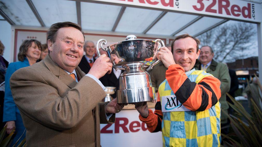 Nicky Henderson and Nico de Boinville with the King George VI Chase trophyKempton 26.12.17 Pic: Edward Whitaker