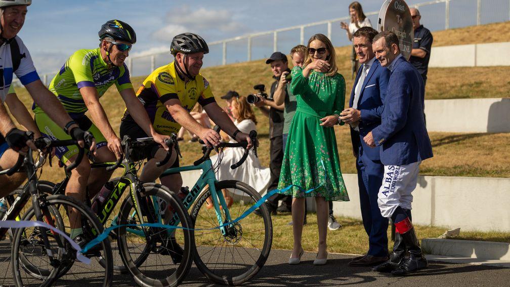 Frances Crowley, Sir Anthony McCoy and Kevin Manning at the finish of the Coast to Curragh cycle in aid of Cancer Trials Ireland