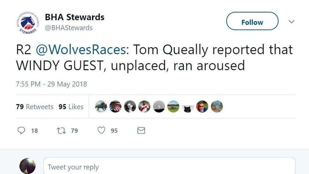 The BHA Stewards' explanation of Windy Guest's discomfort gained plenty of comments and retweets on Tuesday evening