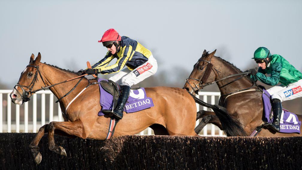 Master Dee (Barry Geraghty) lead over the last from Ballykan (Daryl Jacob) on the way to winning the Betdaq Chase at Kempton on Saturday
