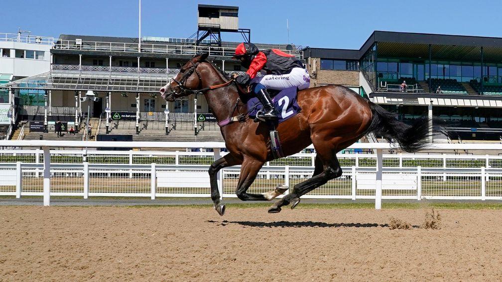 NEWCASTLE UPON TYNE, ENGLAND - JUNE 01: Alistair Rawlinson riding Edraak easily win The Betway Novice Stakes (Div I) with empty grandstands in the background due to racing being held behind closed doors at Newcastle Racecourse on June 01, 2020 in Newcastl