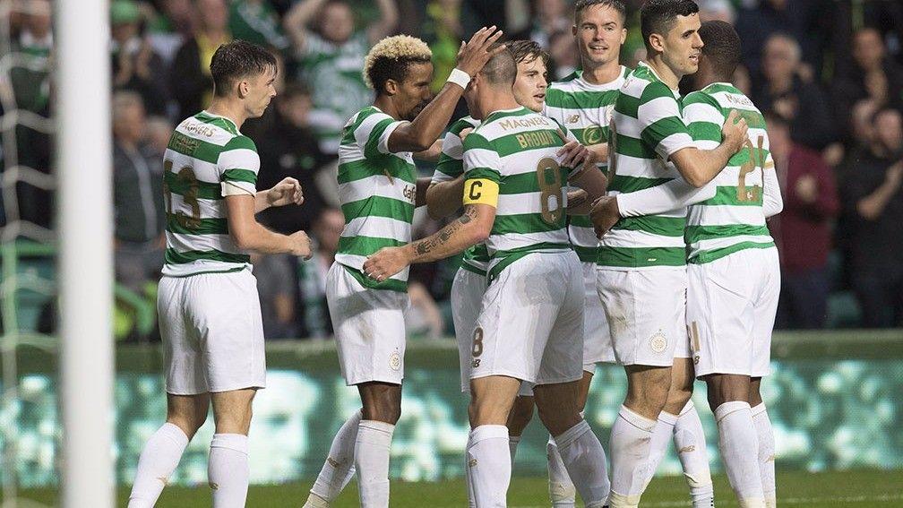 Celtic celebrate a goal against Linfield in the second qualifying round