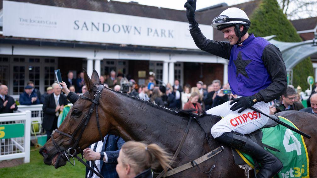 Danny Mullins celebrates following his first victory at Sandown on Minella Cocooner