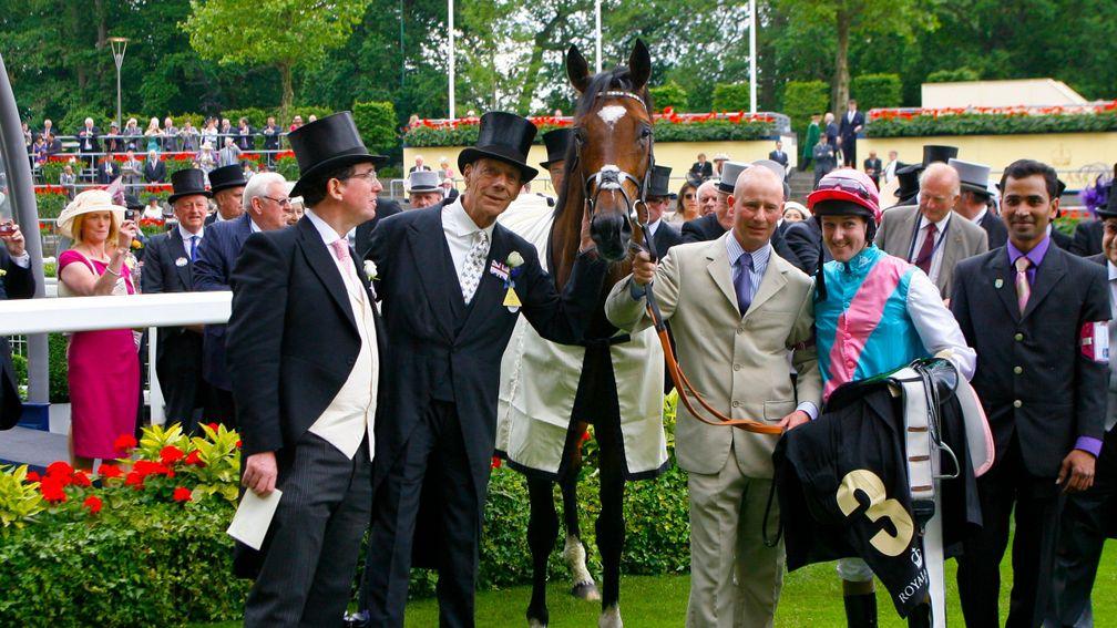 Teddy Grimthorpe with Sir Henry Cecil, Frankel and Tom Queally after a supreme Queen Anne triumph in 2012