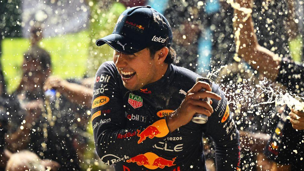 Red Bull's Sergio Perez celebrates his win in Singapore