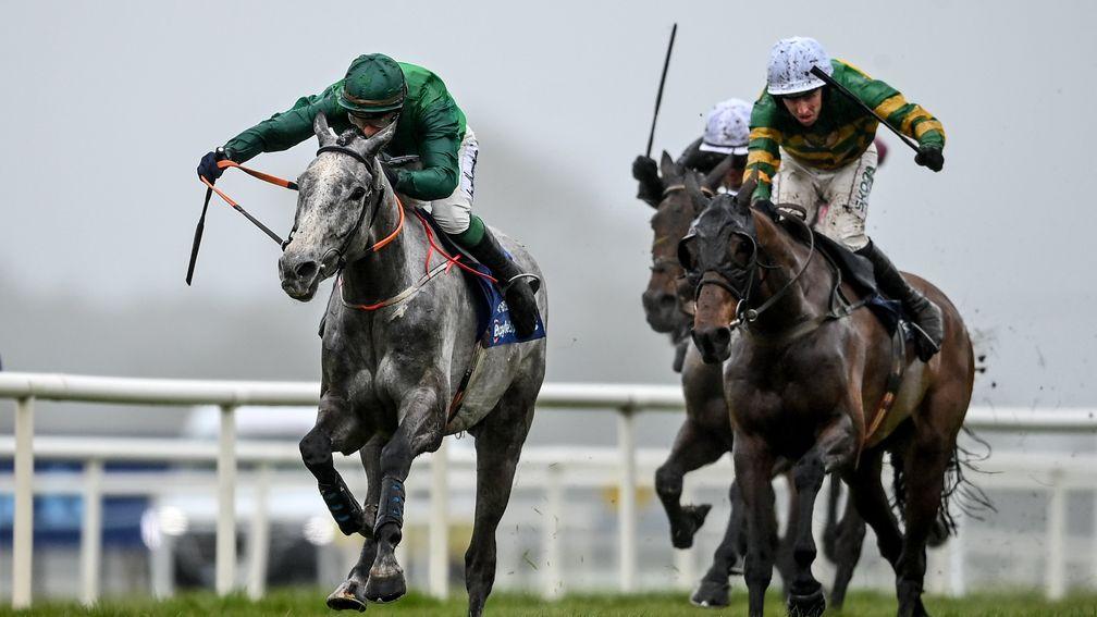 Intense Raffles and Any Second Now battle in the closing stages of the Irish Grand National