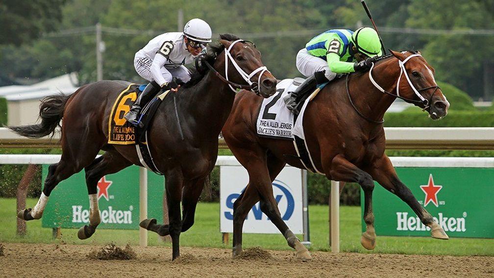 Sprint favourite Jackie's Warrior (right) beats Dirt Mile market leader Life Is Good in the H Allen Jerkens Memorial Stakes