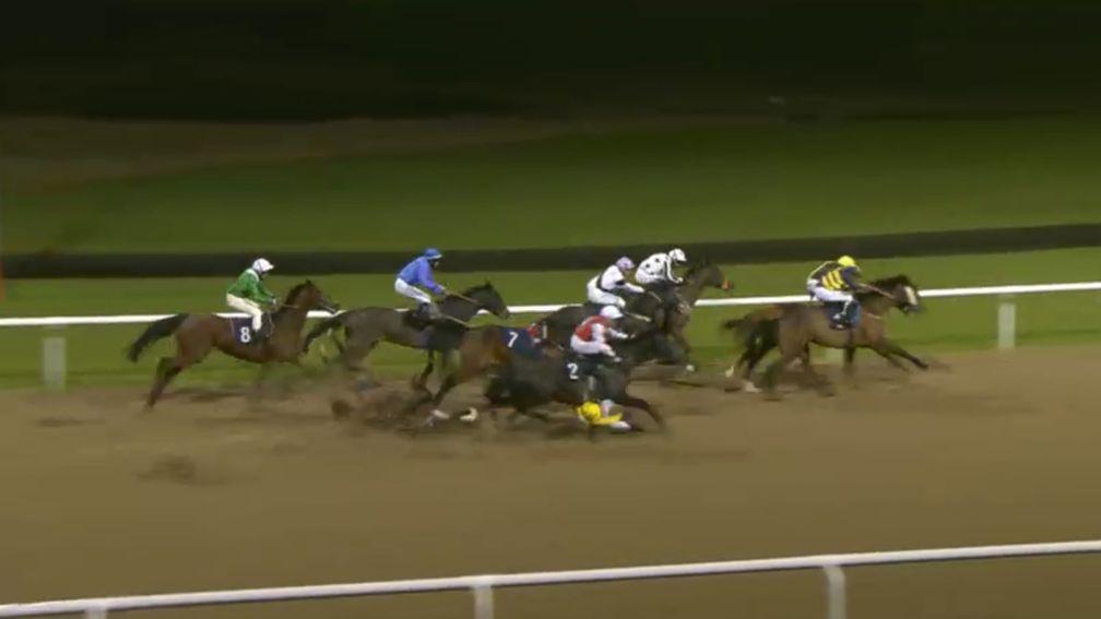 Ben Curtis (yellow) walked away from a horror fall at Wolverhampton on Tuesday
