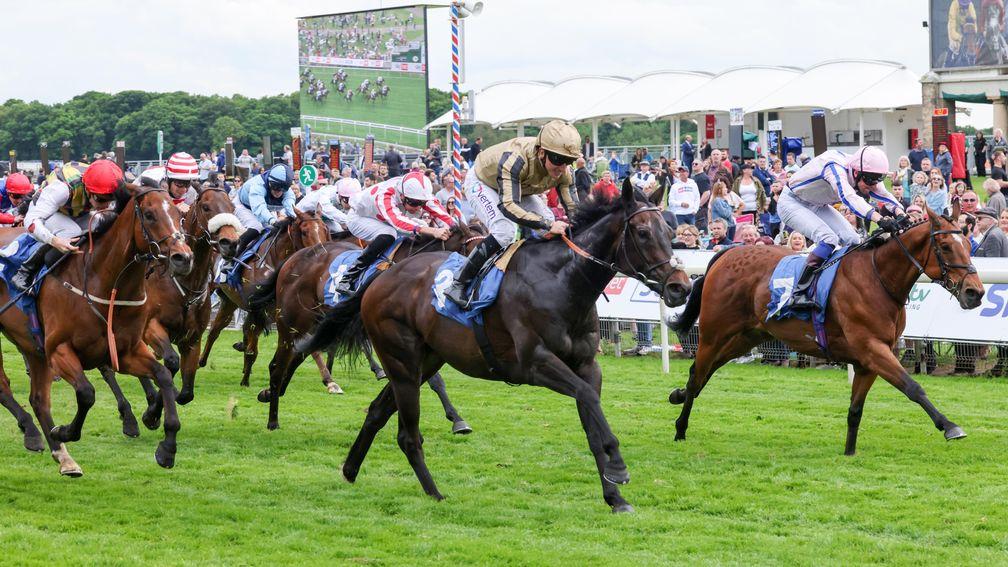 Asjad (centre) wins at York last month with Gulliver (left) a length behind in third
