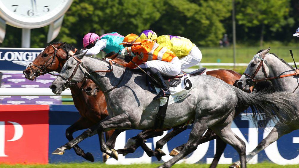 Skalleti (orange silks) and Gerald Mosse hunt down the British challenge of Tilsit (pink cap) and My Oberon (yellow silks) in a desperate finish to the Prix d'Ispahan