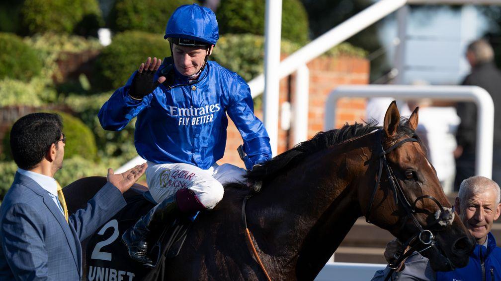 Saeed bin Suroor and Oisin Murphy after Benbatl's win in the Joel StakesNewmarket 24.9.21 Pic: Edward Whitaker