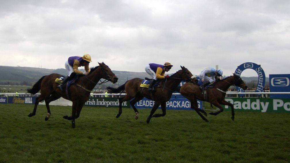 Hardy Eustace (right) battles to victory from Harchibald (centre) and Brave Inca in the 2005 Champion Hurdle at Cheltenham