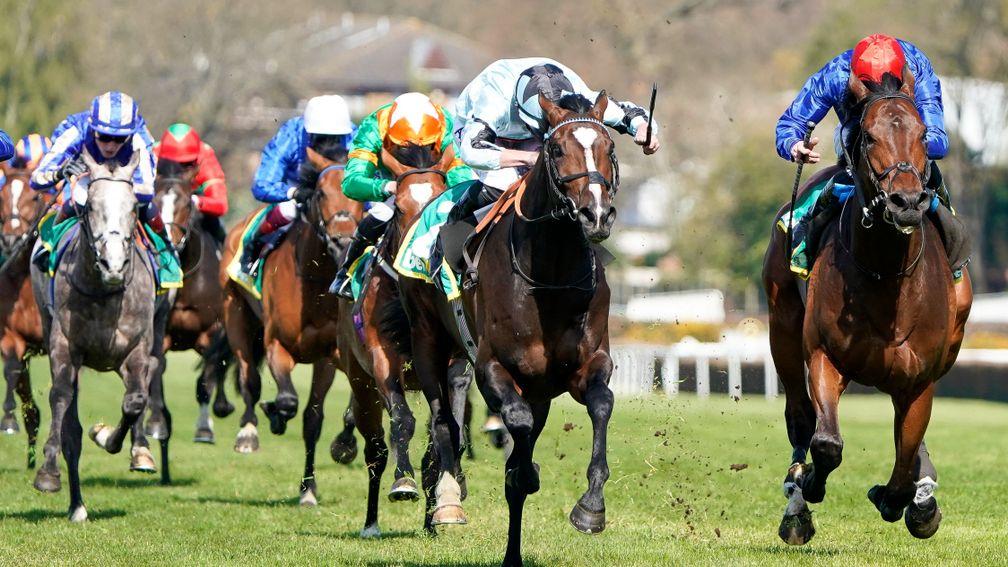 Tom Marquand riding Alenquer (pale blue) defeats Adayar (right) at Sandown in April