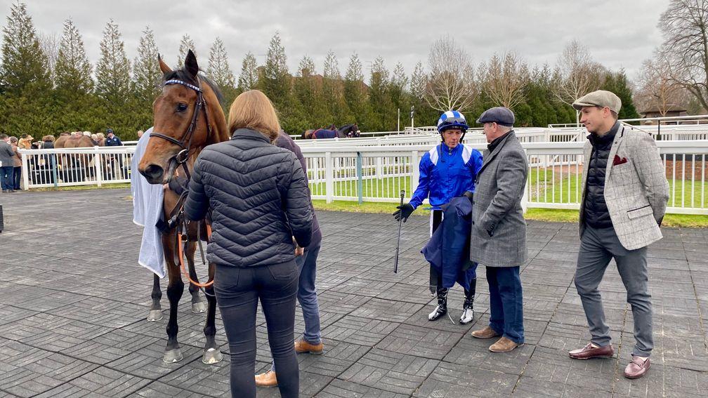 Jim Crowley: giving the debrief to connections after winning aboard Manaafith