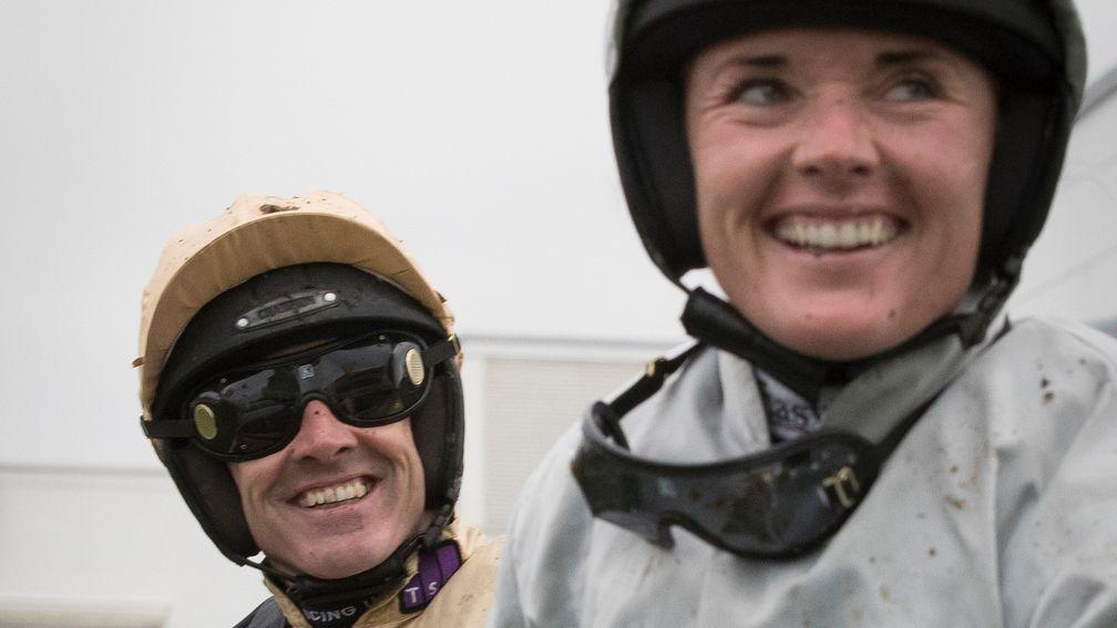 all smiles: Ruby Walsh looks over to sister Katie, who finished sixth to him in the Stayers' Hurdle on Clondaw Warrior