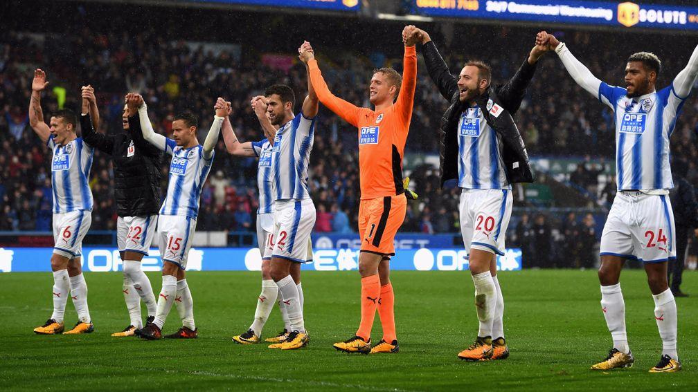 Huddersfield celebrate their win over Manchester United