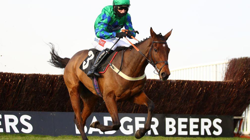 WINCANTON, ENGLAND - NOVEMBER 07:   Daryl Jacob on board Ga Law jump the last fence on their way to victory during the 'Rising Stars' Novices' Chase at Wincanton Racecourse on November 7, 2020 in Wincanton, England. (Photo by Michael Steele/Getty Images)