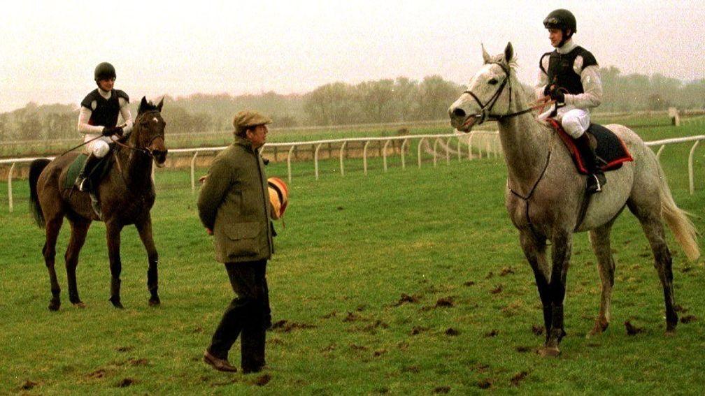 Martha's Son (left) with trainer Tim Forster and stablemate Maamur after the pre-festival racecourse gallop at Bangor