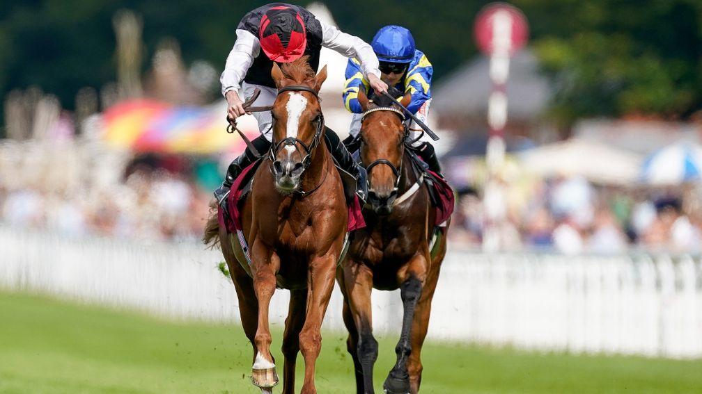 CHICHESTER, ENGLAND - JULY 26: Ryan Moore riding Kyprios (red cap) win The Al Shaqab Goodwood Cup Stakes during day one of the Qatar Goodwood Festival at Goodwood Racecourse on July 26, 2022 in Chichester, England. (Photo by Alan Crowhurst/Getty Images)