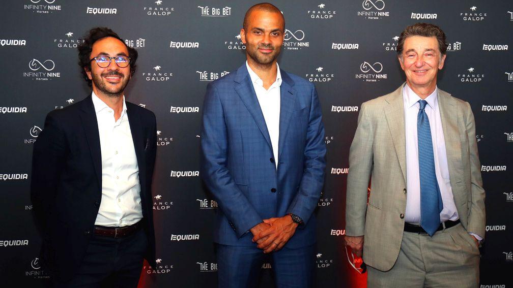 Former NBA star and now racehorse owner Tony Parker flanked by Equidia director general Arnaud de Courcelles and France Galop president Edouard de Rothschild (right) at the press screening of The Big Bet