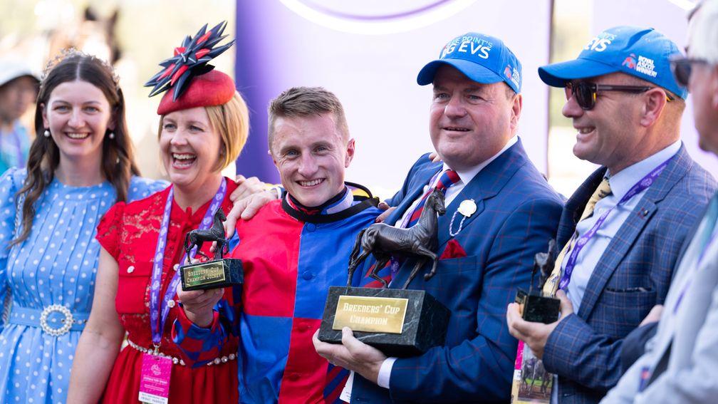 Jockey Tom Marquand and connections of Big Evs, winner of the Breeders' Cup Juvenile Turf Sprint 