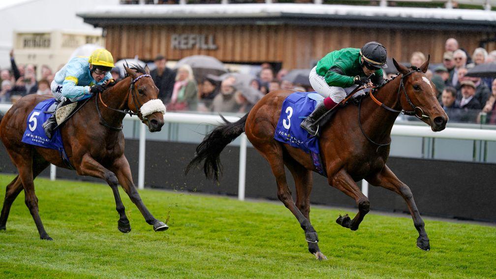 CHESTER, ENGLAND - MAY 04: Laura Pearson riding Absolutelyflawless win The ICM Stellar Sports Lily Agnes Conditions Stakes at Chester Racecourse on May 04, 2022 in Chester, England. (Photo by Alan Crowhurst/Getty Images)