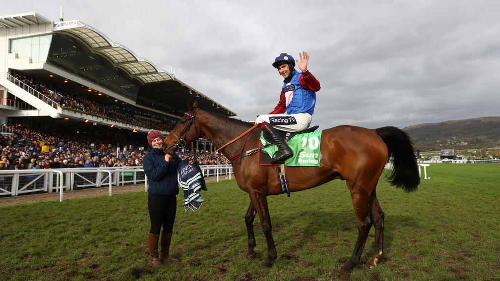 Aidan Coleman celebrates on Paisley Park after landing the Stayers' Hurdle in 2019
