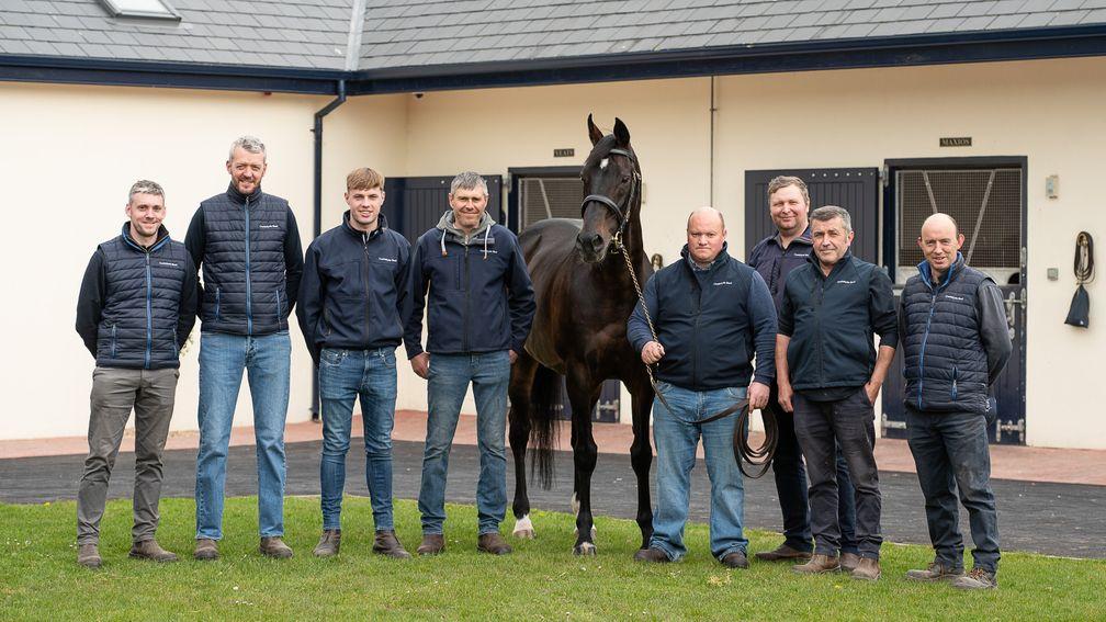 Yeats, pictured with the stallion yard team at Castlehyde on Tuesday, from left to right Francis McCurtin, Steven Niland, Kieran O’Connor, Oleks Horbatyuk, Paul Quinn (head stallion man), Serhig Kyryukhin, Philip Sweeney and Donal Mulcahy