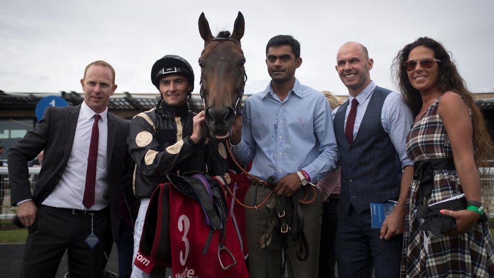 Intisaab and connections after success in the Tote Scurry Handicap at the Curragh in 2018