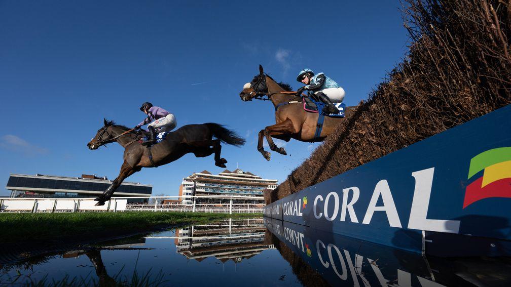 Sebastopol (in second) puts in a mighty leap at the water jump on his way to victory in the Grade 2 novice chase