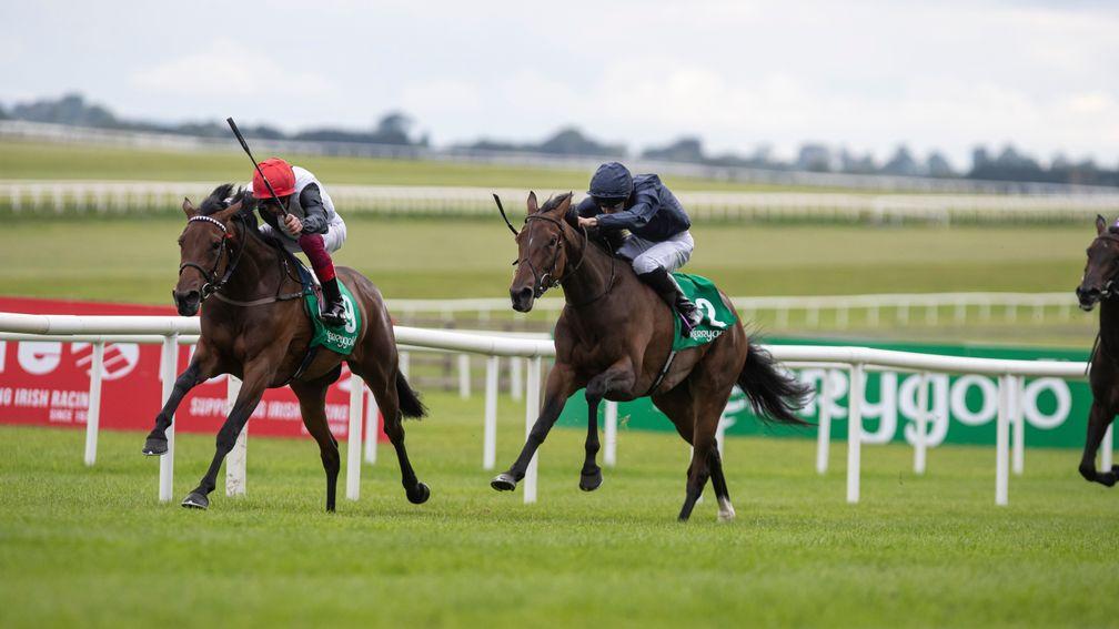 Star Catcher and Frankie Dettori fend off the challenge of Fleeting (right) to win Kerrygold Irish Oaks