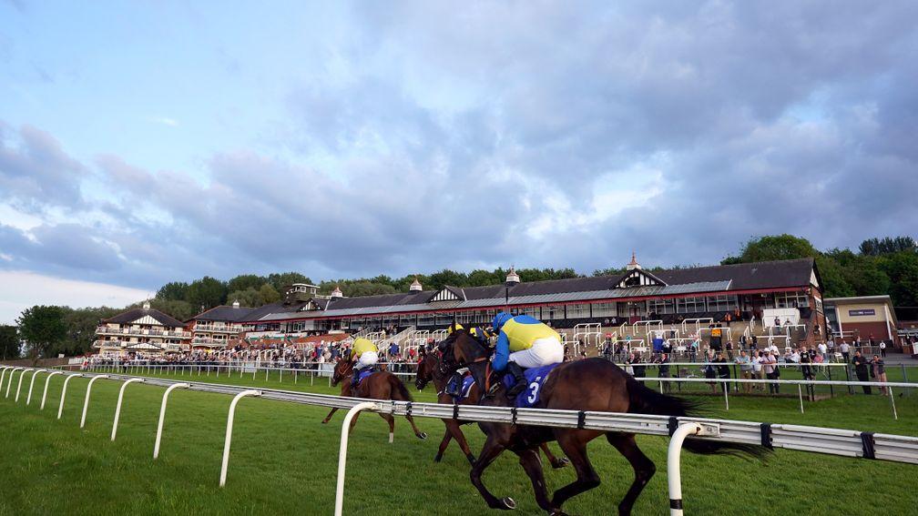 PONTEFRACT, ENGLAND - JUNE 07: Flint Hill ridden by jockey Graham Lee leads on their way to winning the Tony Bethell Memorial Handicap (Round 3 Of The Pontefract Stayers Championship 2021) at Pontefract racecourse on June 7, 2021 in Pontefract, England. (