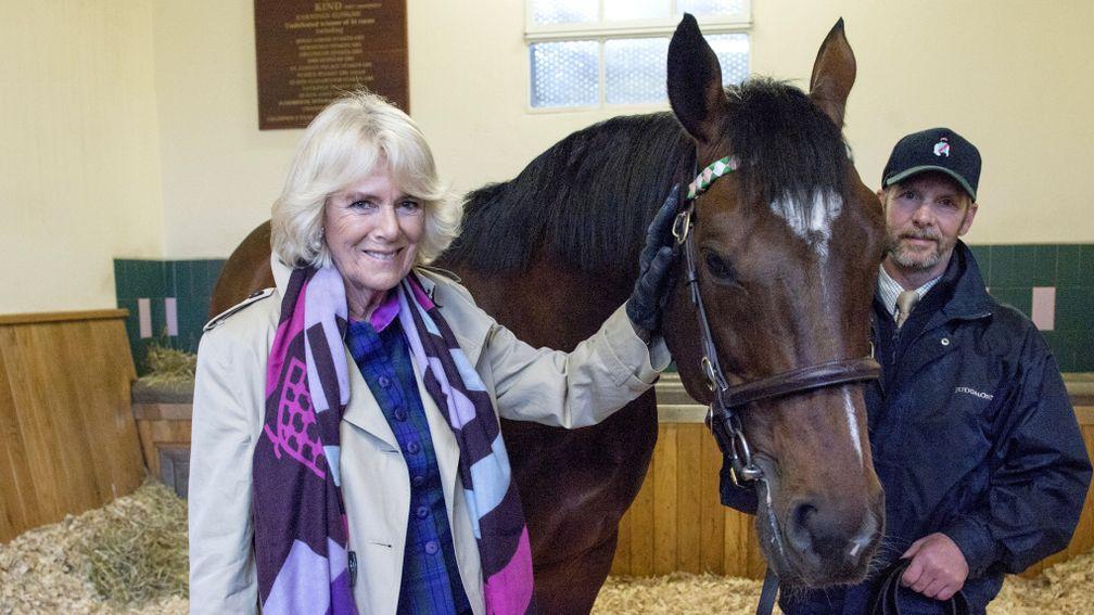 Frankel, with stallion man Rob Bowley, receives a visit from the Duchess of Cornwall at Banstead Manor Stud