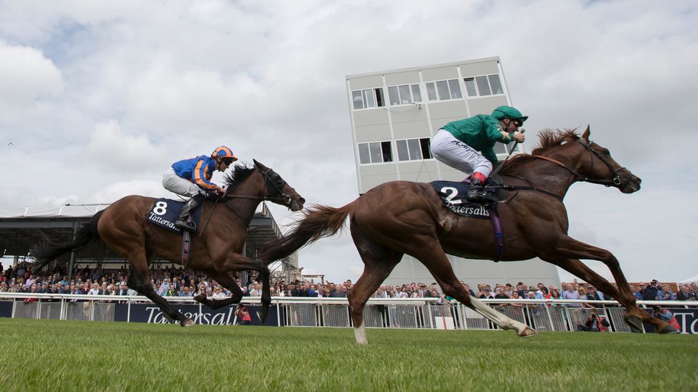 Andrea Atzeni gets ready to punch the air in triumph as Decorated Knight holds Somehow in the Tattersalls Gold Cup