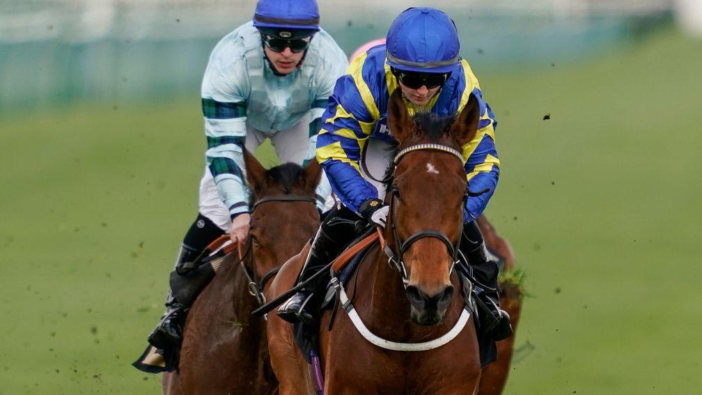 NOTTINGHAM, ENGLAND - APRIL 06: Hollie Doyle riding Trueshan (blue/yellow) win The Barry Hills Further Flight Stakes at Nottingham Racecourse on April 06, 2022 in Nottingham, England. (Photo by Alan Crowhurst/Getty Images)