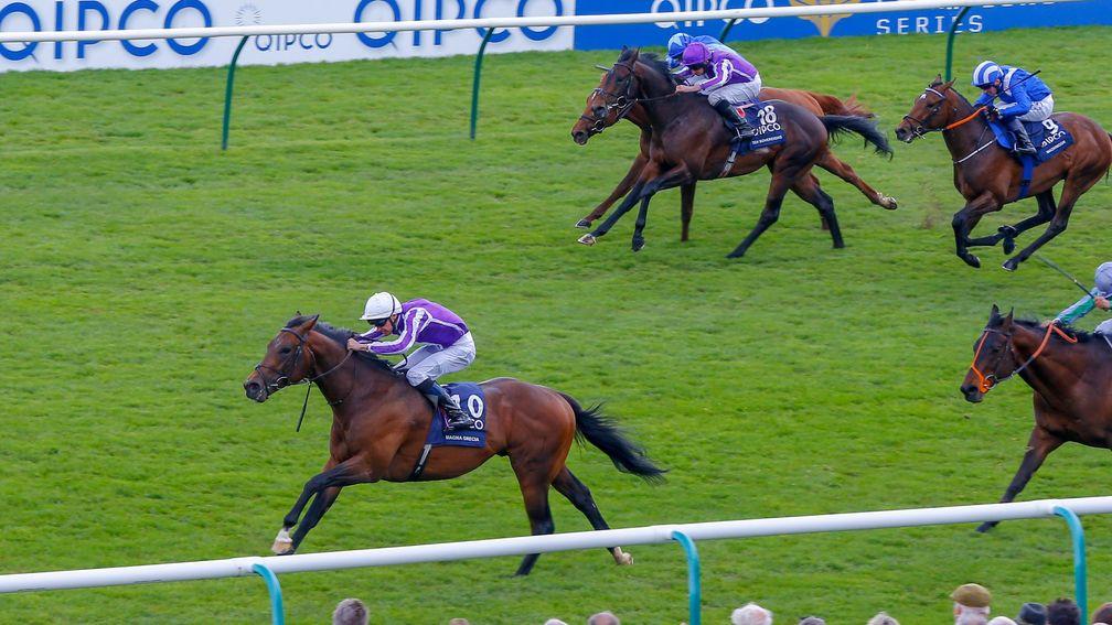 Magna Grecia (white cap) wins last month’s 2,000 Guineas, but the form might not stand up owing to a draw bias