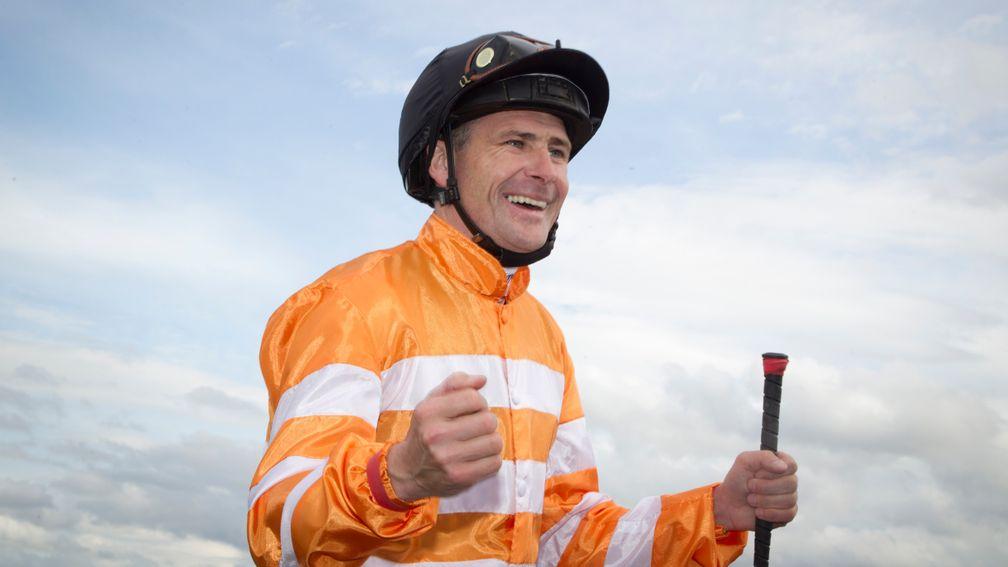 Pat Smullen celebrates winning the the 2015 Darley Irish Oaks on Covert Love at the Curragh
