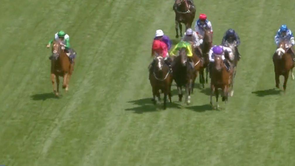 The Ridler (red) hangs badly to his left and starts to come across his Royal Ascot rivals