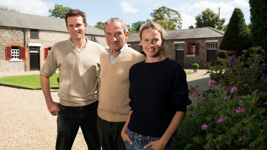 Luca Cumani with his children Matt and Francesca at his Bedford House Stables