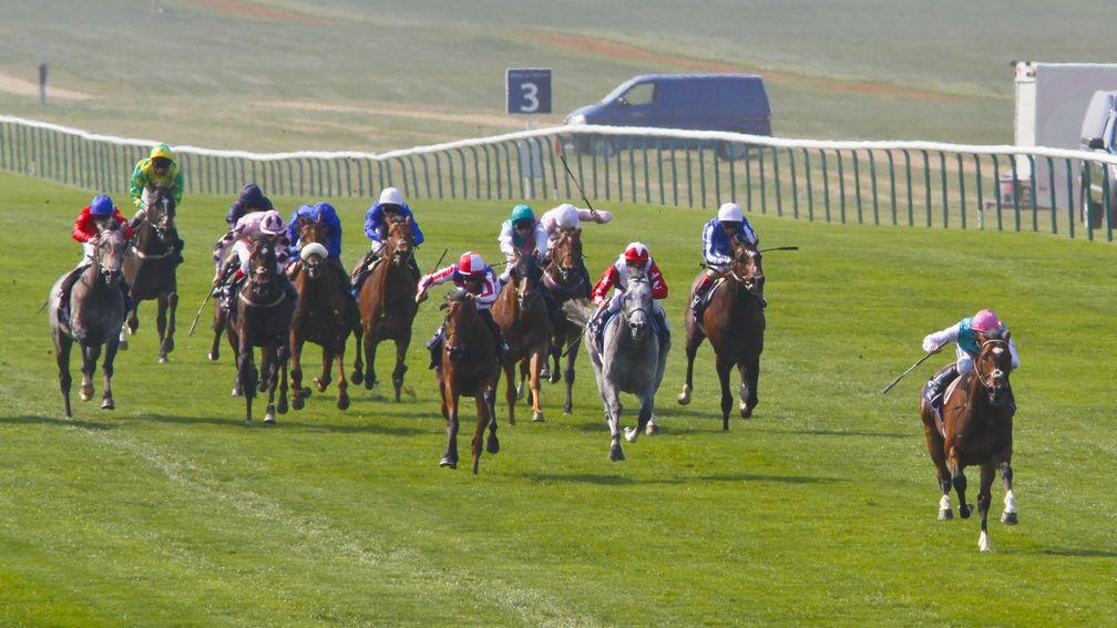 Frankel leads all the way to land a spectacular victory in the 2,000 Guineas at Newmarket in 2011