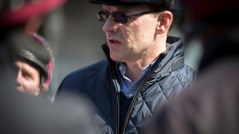 Aidan O'Brien issues instructions to his work riders at Naas